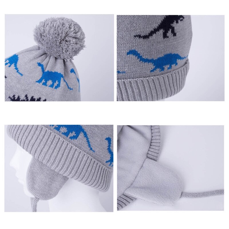 Toddler Baby Boys Cartoon Dinosaur Jacquard Beanie Warm Knitted Hat Earflap 54DA