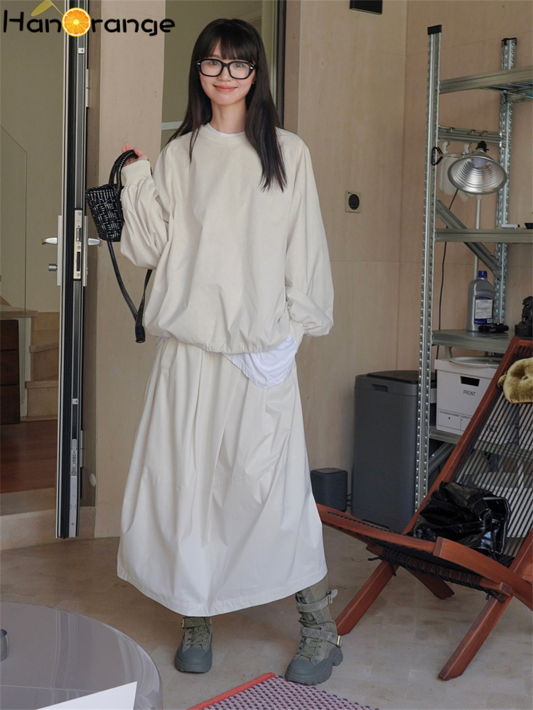 Hanorange forårs afslappet sports-sweatshirt med o-hals dame løs pasform komfortabel langærmet top sort/beige