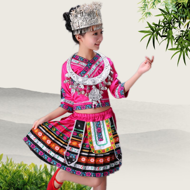 2pcs Ancient Traditional Red Rose Red Blue Chinese Miao Clothing / Hmong Clothes: rose red / XXS