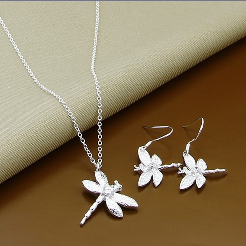 Aankomst Zilver 925 Sieraden Sets Eenvoudige Insect Dragonfly Ketting Oorbellen Set Wedding Party Sieraden