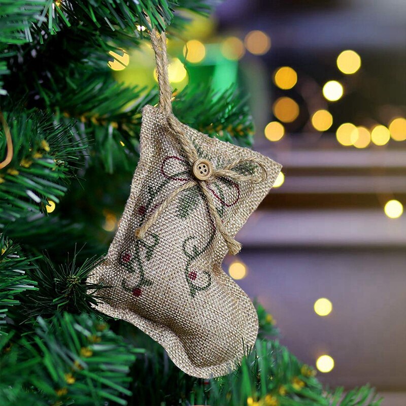 Rustieke Kerstboom Ornamenten Kous Decorations Jute Land Kerstsok Bal Boom Bell Met Rode En Groene Holly L