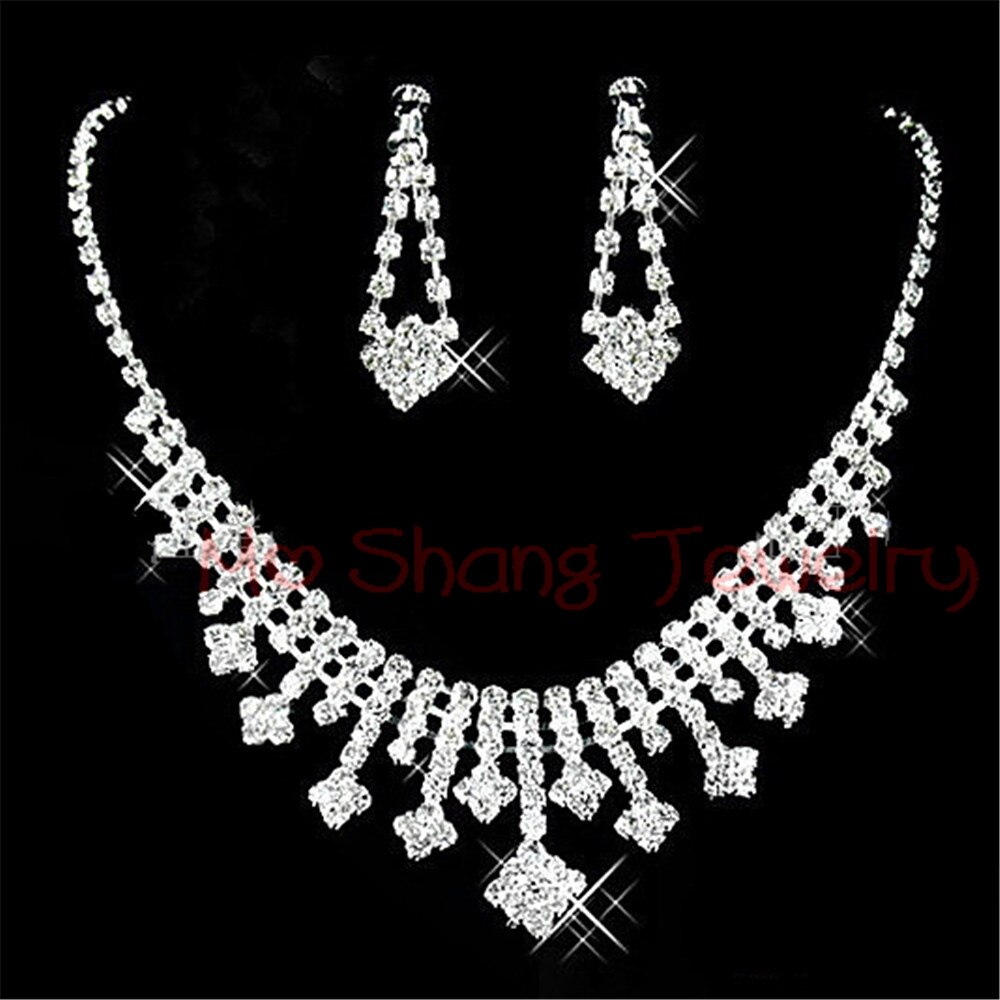 Rhinestone Crystal Silver Color Choker Necklace &amp; Earrings for Women Rhinestone Statement Bridal Wedding Jewelry Sets