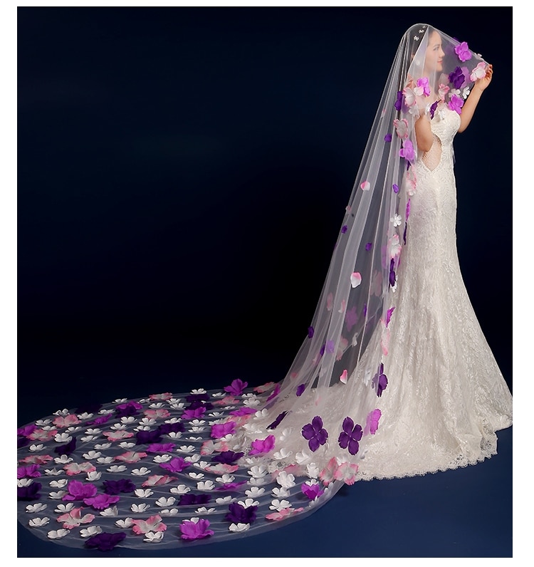 Novo 3 metros uma camada colorido pétala véu nupcial acessórios do casamento noiva mantilla véu de casamento