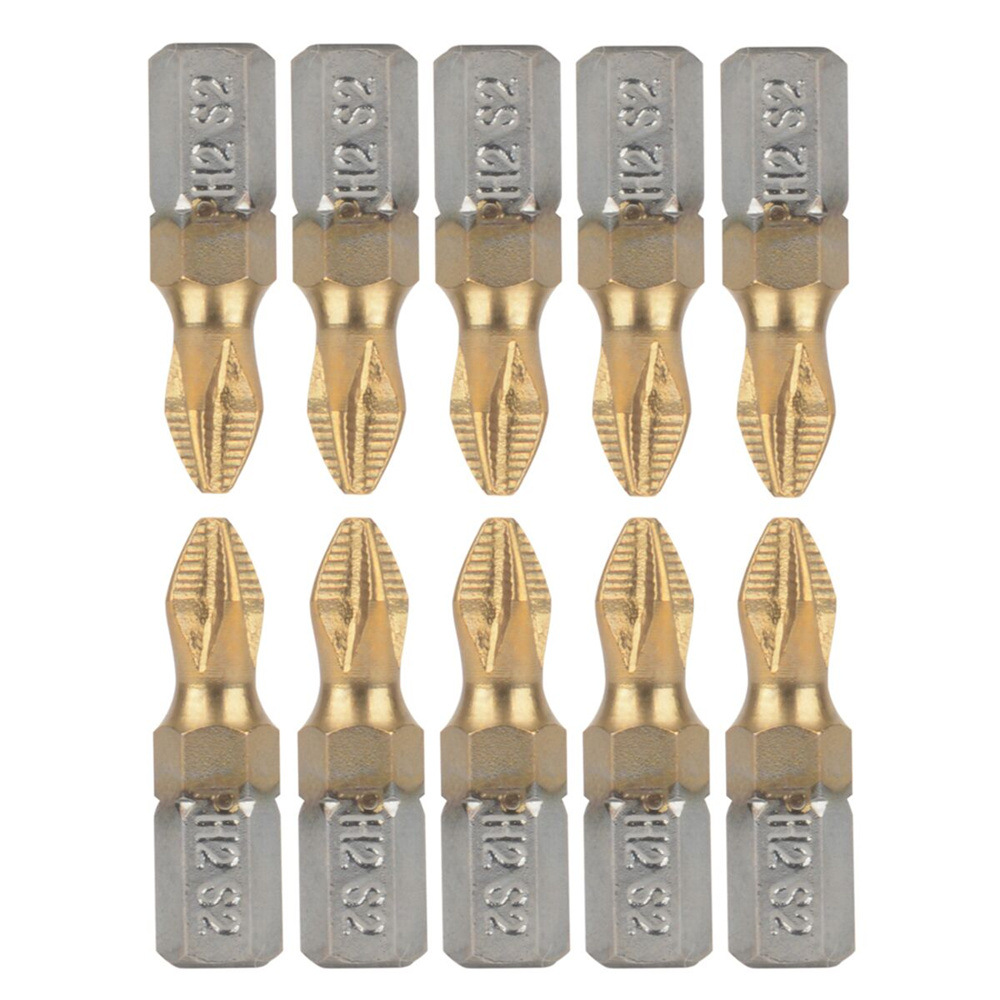 5/10pcs Anti Slip Electric Screwdriver Bits 1/4"Hex Shank Titanium Coated Screwdriver Bits PH2 Magnetic Electric Screwdriver Bit: 25mm 10pcs