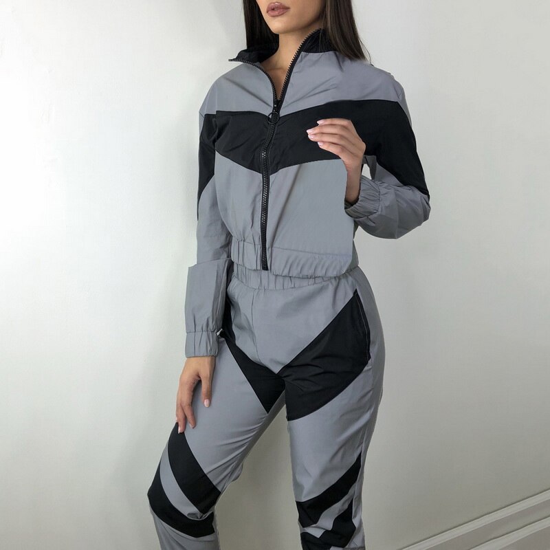 Women Tracksuit 2 Piece Set Reflective Zip Crop Top Pant Windbreaker Female Loose Glow Jacket Trouser Plus Size