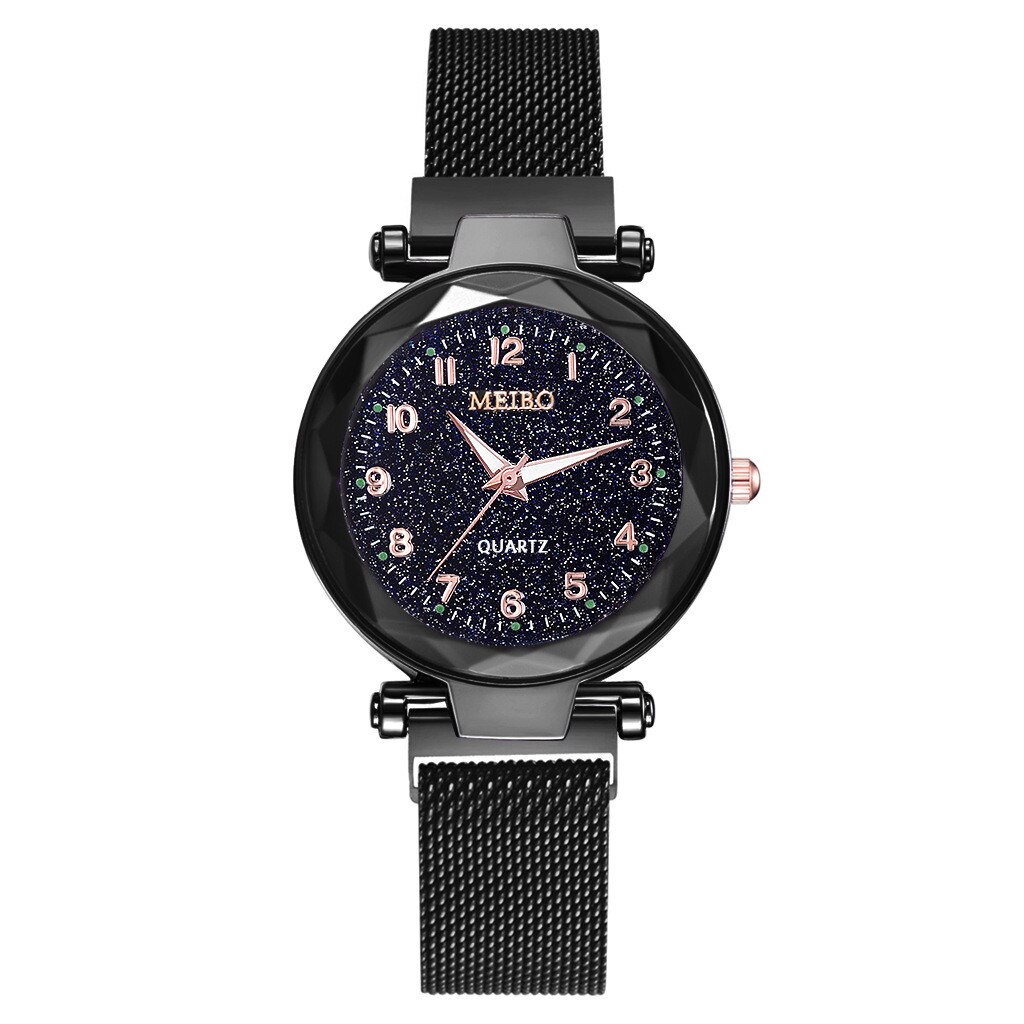 Otoky Watch Quartz Women Watches Starry Sky Watch Ladies Flat Glass Quartz Wristwatch Mesh Magnetic Clock Ladies: Black