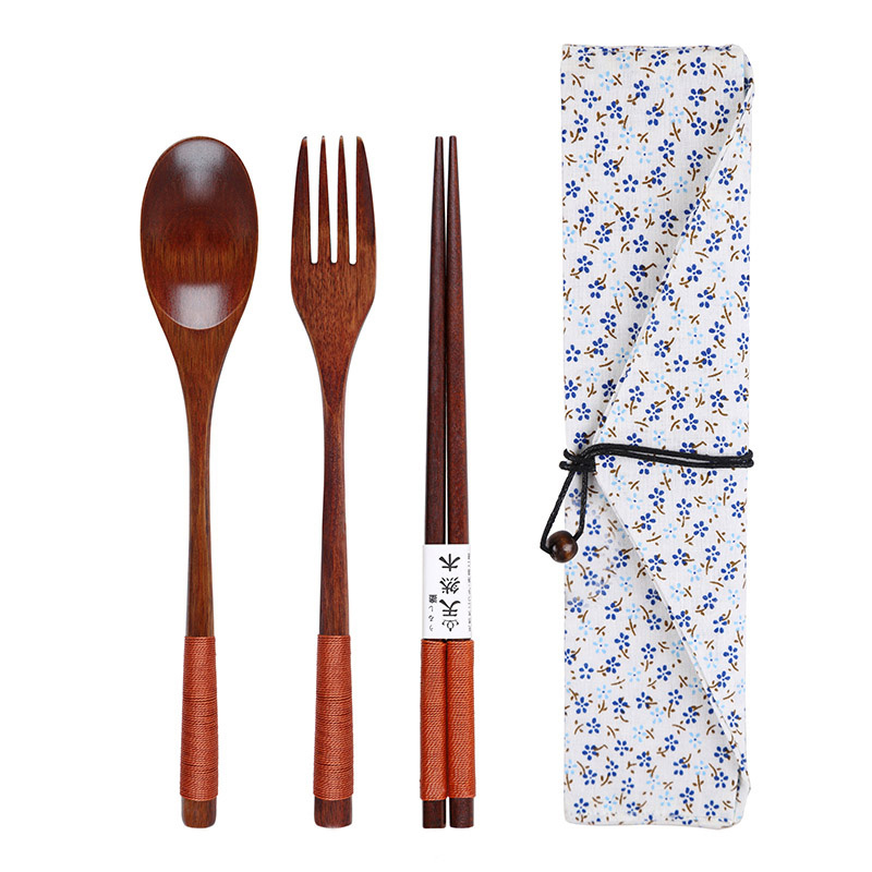 Houten Lepel Vork Eetstokjes Set Draagbare Outdoor Bestek Set Japanse Stijl Servies Set Lange Steel Lepel Houten Servies: Brown White Pouch