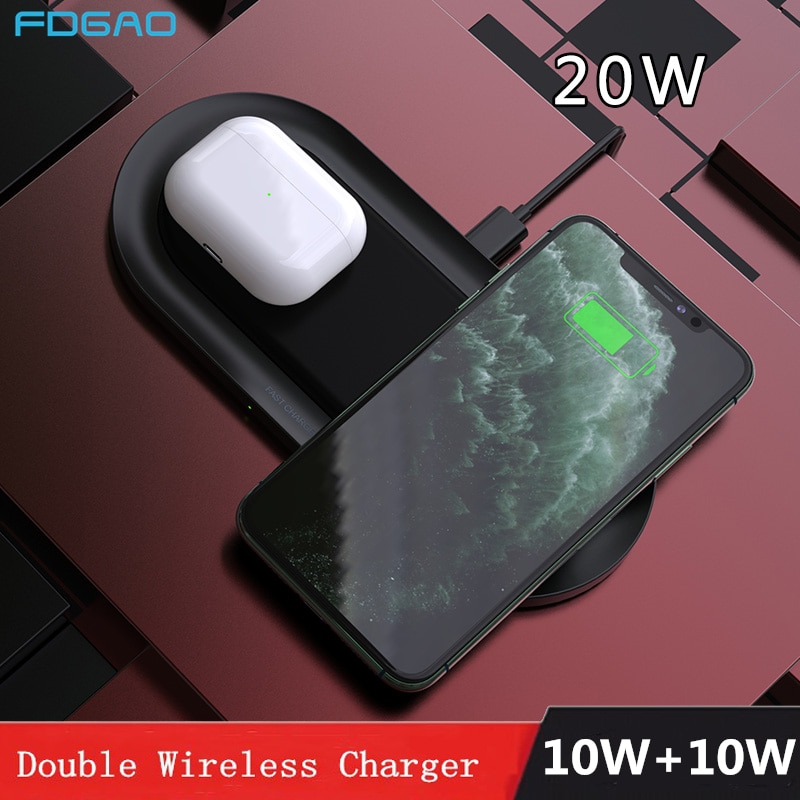 FDGAO 2in1 Dual QI rápido Pad cargador inalámbrico 20W de carga rápida para iPhone 11 XS Max XR 8X8 AirPods Pro Samsung Nota 10 9 S20 S10