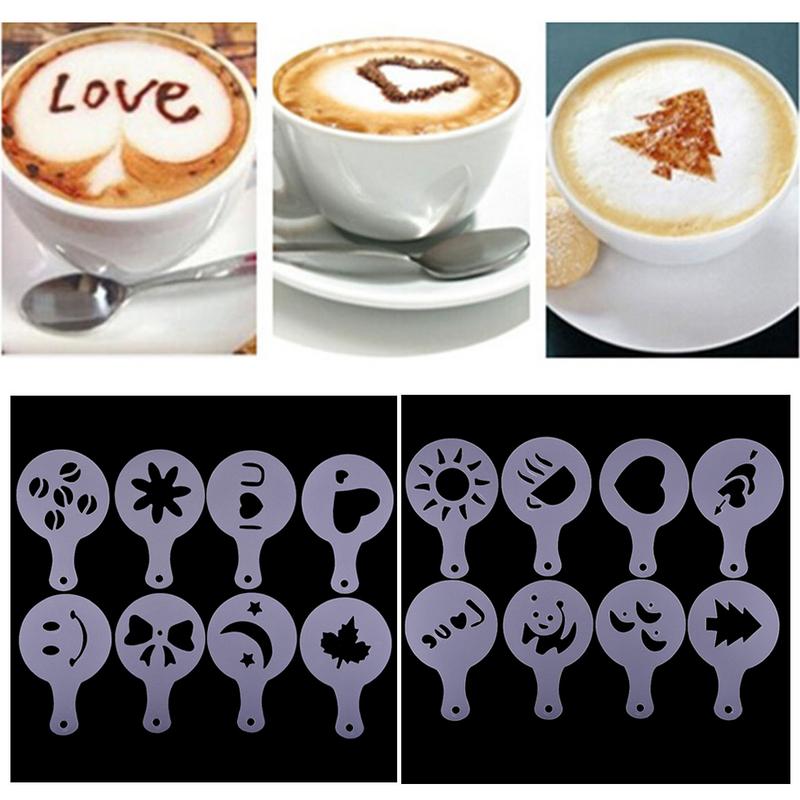16 stuks/set koffiesjablonen met mooi patroon, printmodel van plastic pp latte cappuccino maken