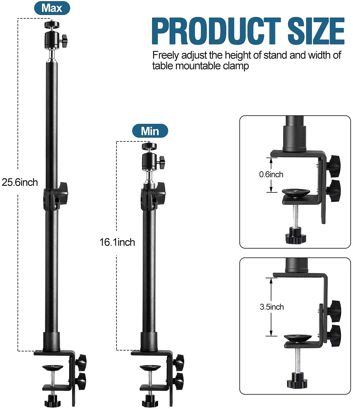 Universal Table Desk Clamp Mount with 1/4' Screw Tip with 360 degree Rotatable Ball Head for DSLR Camera/Ring Light/Video Light
