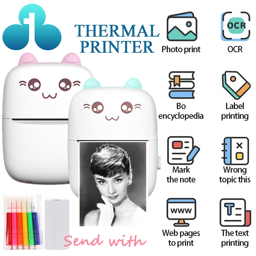 Portable Mini Thermal Printer Wirelessly BT 203dpi Photo Label Memo Wrong Question Printing With USB Cable Imprimante Portable