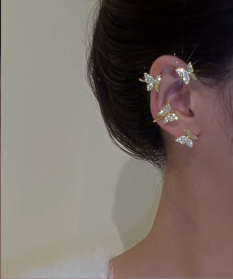 Koreaanse Oorbellen Mode-sieraden Metalen Vlinder Oor Clips Zonder Piercing Voor Vrouwen Sparkling Zirkoon Oor Manchet Clip Oorbellen: gold