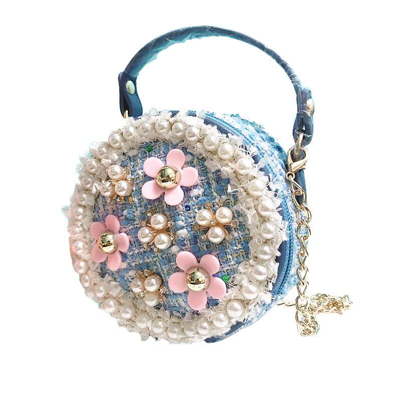 Children Kids Girls Cute Flower Pearl Round Princess Handbag Shoulder Messenger Bag Cross Body Bag