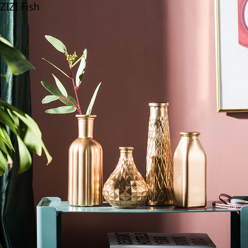 Nordisk enkel vas i gyllene glas torkade blommor blommor införda prydnadsföremål sovrum vardagsrum butik dekoration ornament