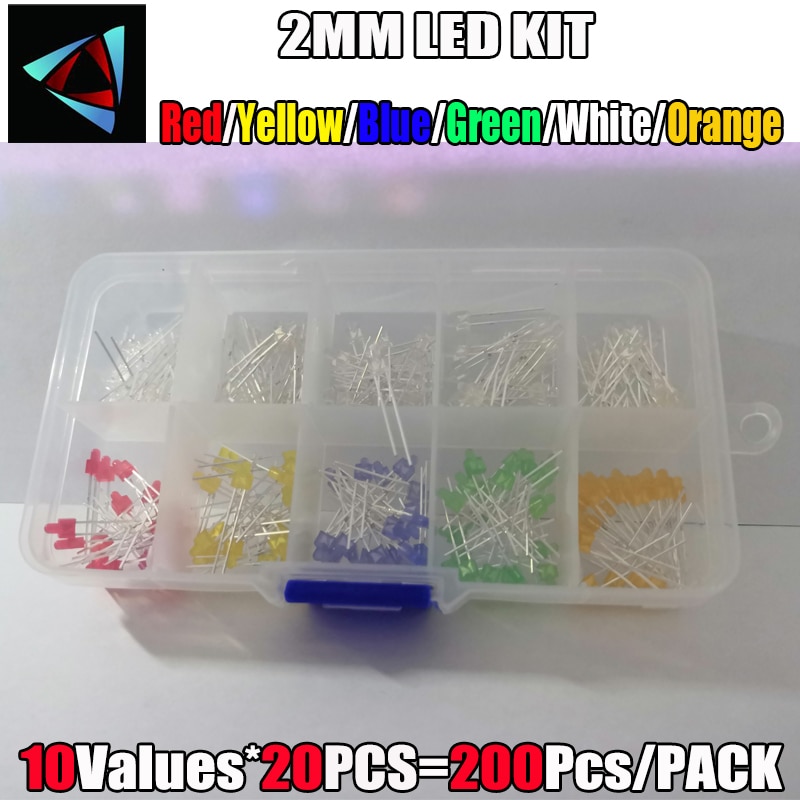 200pcs/Lot 2MM LED Assortment Kit Primary Water Clear Red Blue Green Yellow Orange White DIY Diode Pack Six Colors