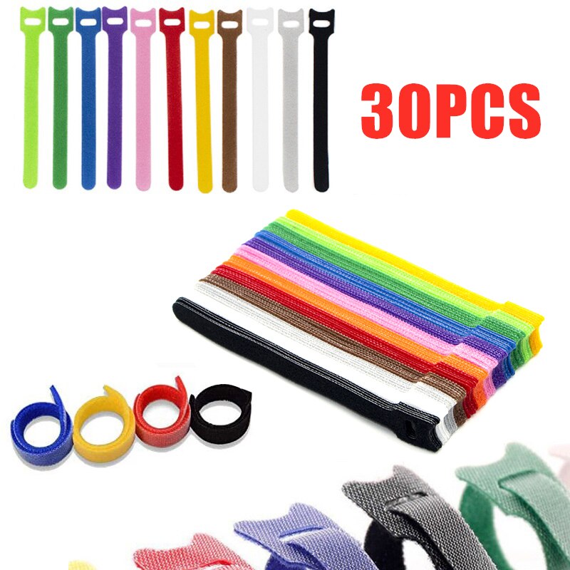 30pcs Reusable Cable Ties Cord Nylon Strap Hook Loop Tidy Organiser Tool Tidy Hook T-type Velcro Cable Tie 1.2x20cm Multi-color