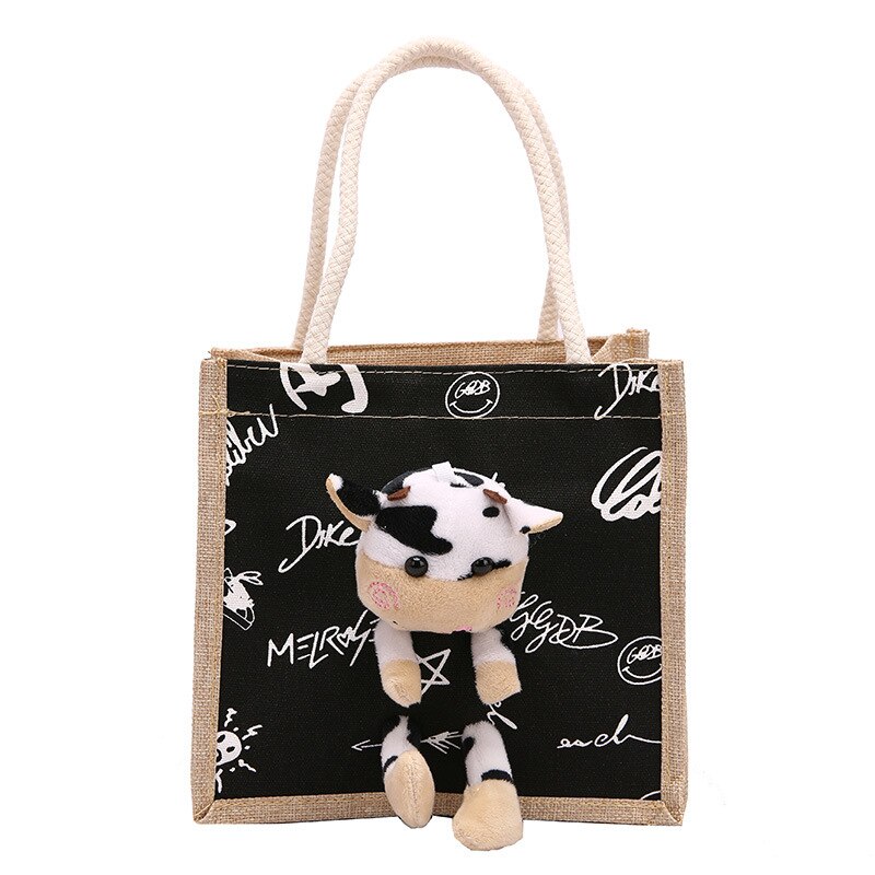 Cute Calf Canvas Bag Women's Portable Graffiti Lunch Bag Trendy Cute Internet Celebrity Lunch Box Handbag: Black letters