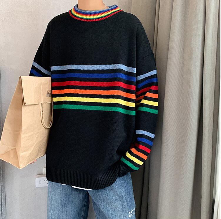 Rainbow striped sweater Korean autumn and winter loose knit men's sweaters