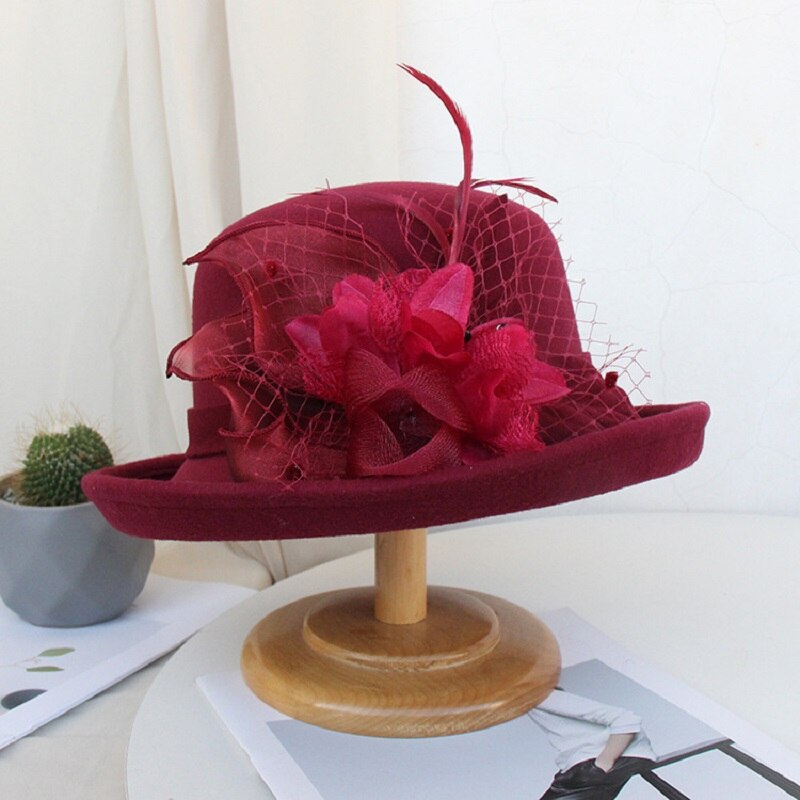 Sombrero de lana con flores para mujer, gorro cálido de ala ancha, , para , decoración, otoño e invierno,: A3