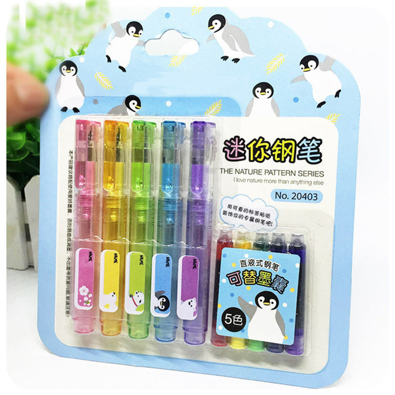 5 stks/partij Mini Leuke Kawaii Gekleurde Vulpen Set Met Inkt Sac Plastic Inkt Pen Voor Schrijven Office Schoolbenodigdheden briefpapier