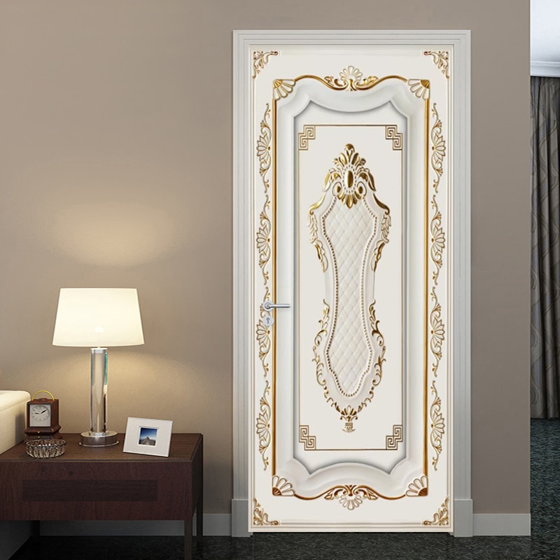 PVC Door Sticker European Style 3D Stereo Golden Gypsum Pattern Wallpaper Living Room Hotel Background Wall Decor 3D Home Poster