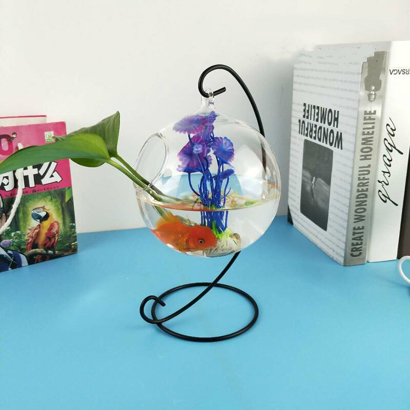 Desktop Hanging Glass Fish Tank Mini Aquatic Plants Vase Fish Tank Transparent Goldfish Tank Iron Support Aquarium