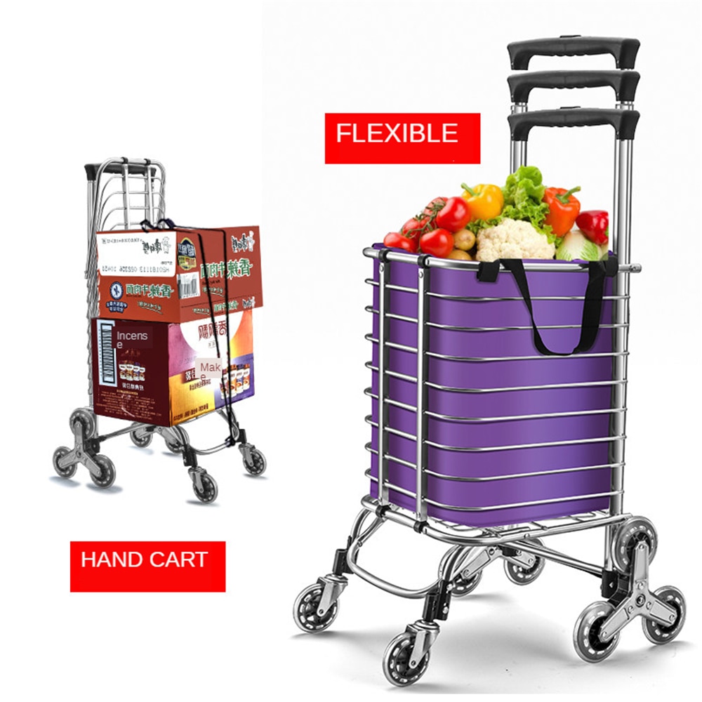B-LIFE Step Up Foldable Grocery Shopping Cart Dolly Stair Climber Utility Trolley Tote Bag Quiet Rubber Wheels Flexible Handle