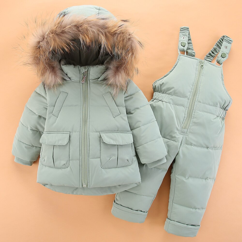 Kinderen 2-4Y Winter Witte Eendendons Kleding Sets Baby Meisje Overalls Ski Sneeuw Pak Voor Jongens Kids Natuur Bont jas + Broek: green / 4T