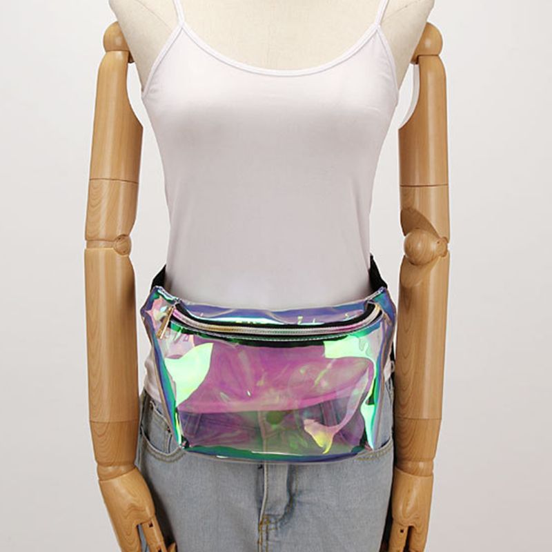 Kvinder holografisk pvc talje brysttaske rejse telefon pose gennemsigtigt bælte fanny pack