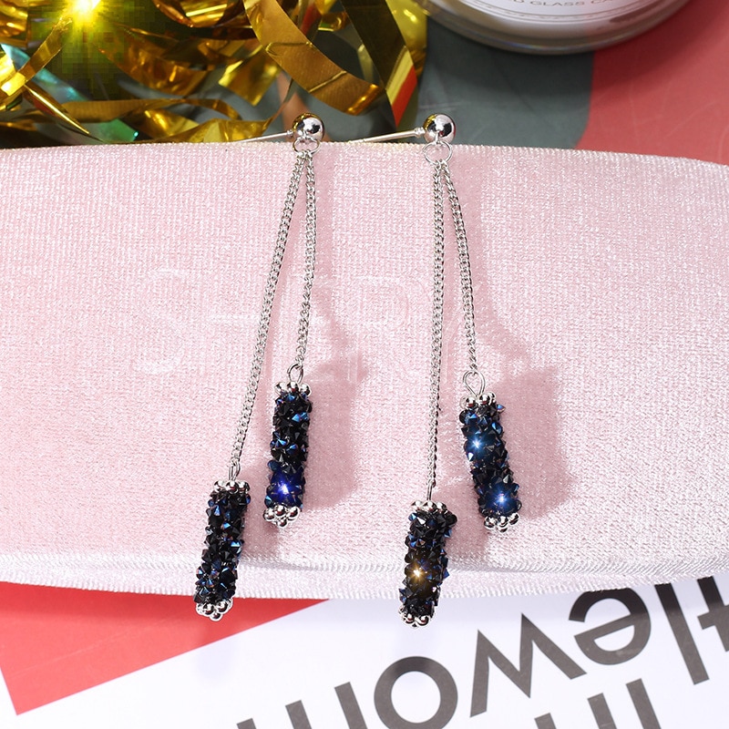 jewelry blue crystal tassel earrings long geometric bride jewelry earrings