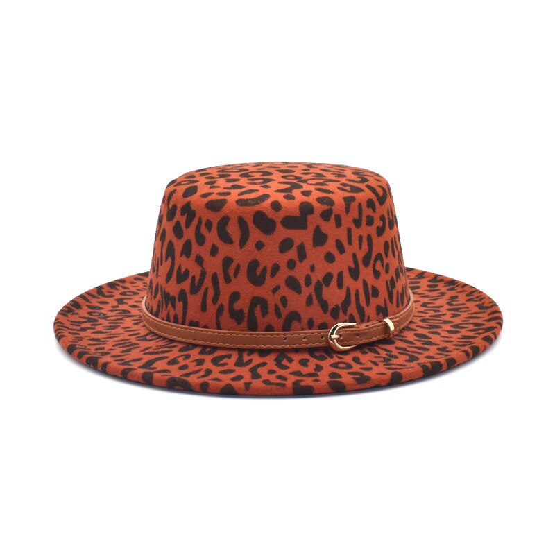 Klassisk leopardfilt fedora mænds og kvinders kunstige uld blandet jazz hat bred rand enkel kirke derby flad top hat re: Rød
