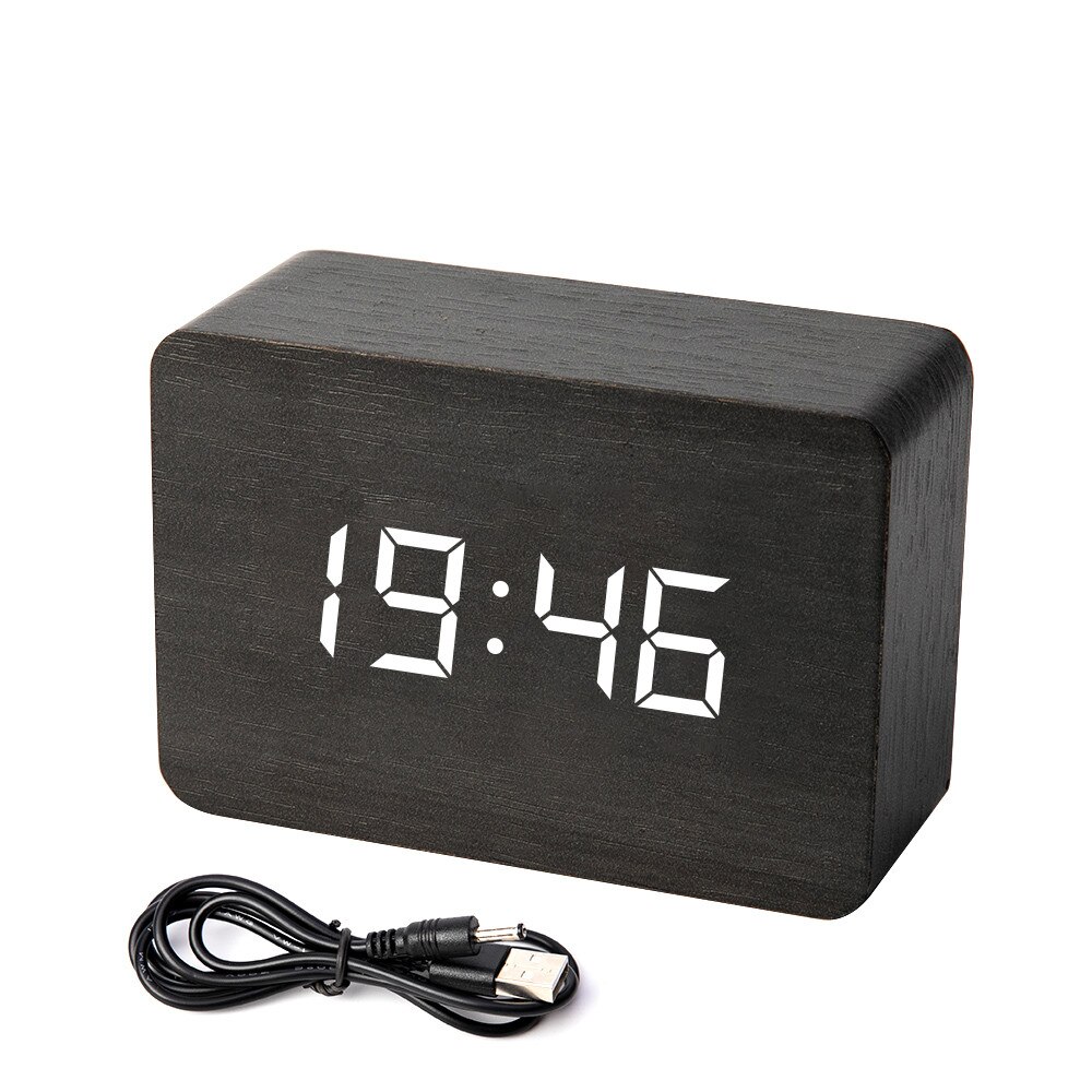 Houten bamboe led digitale wekker klok despertador moderne temperatuur bureauklok led elektronisch: Zwart hout wit