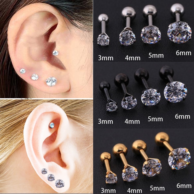 Starbeauty 1,2*6 + 3/4/5/6mm redondo zirconia Lobe Conch superior cartílago Stud pendiente Tragus piercing de La Oreja Helix superior cuerpo joyería
