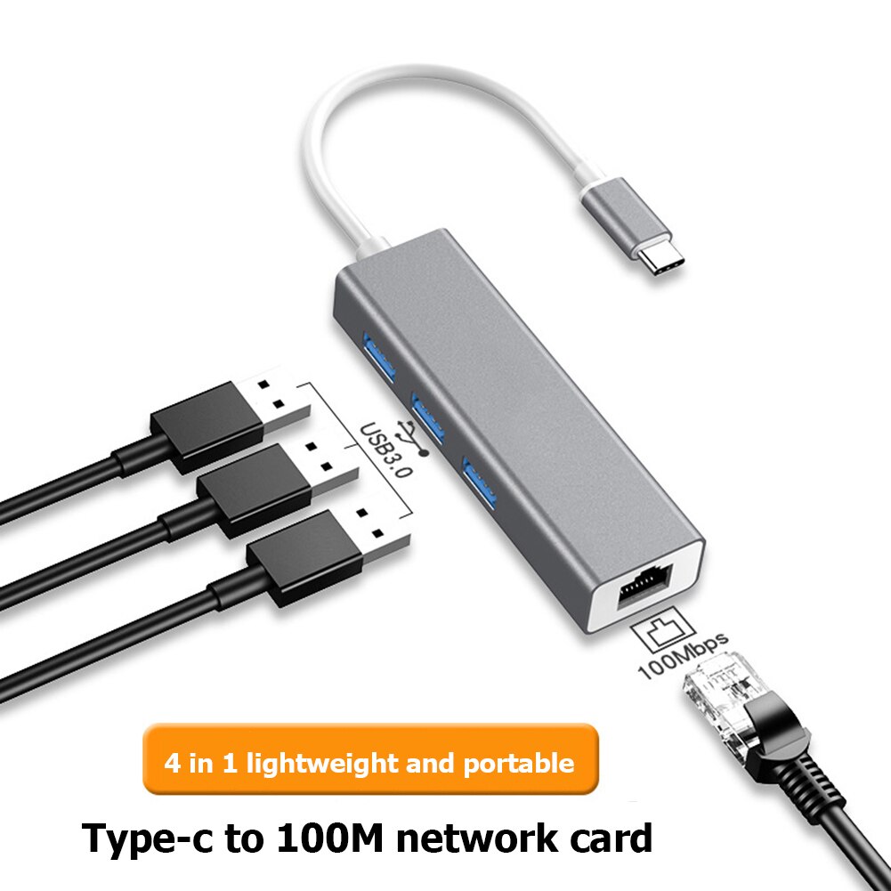 Usb-keskitin  rj45 10/100 mbps tyypin -c 3 portit ethernet-verkkokortti lan-sovitin keskitinmuunnin windows 7/8/10: lle mac os linux vista: Tyyppi-c b