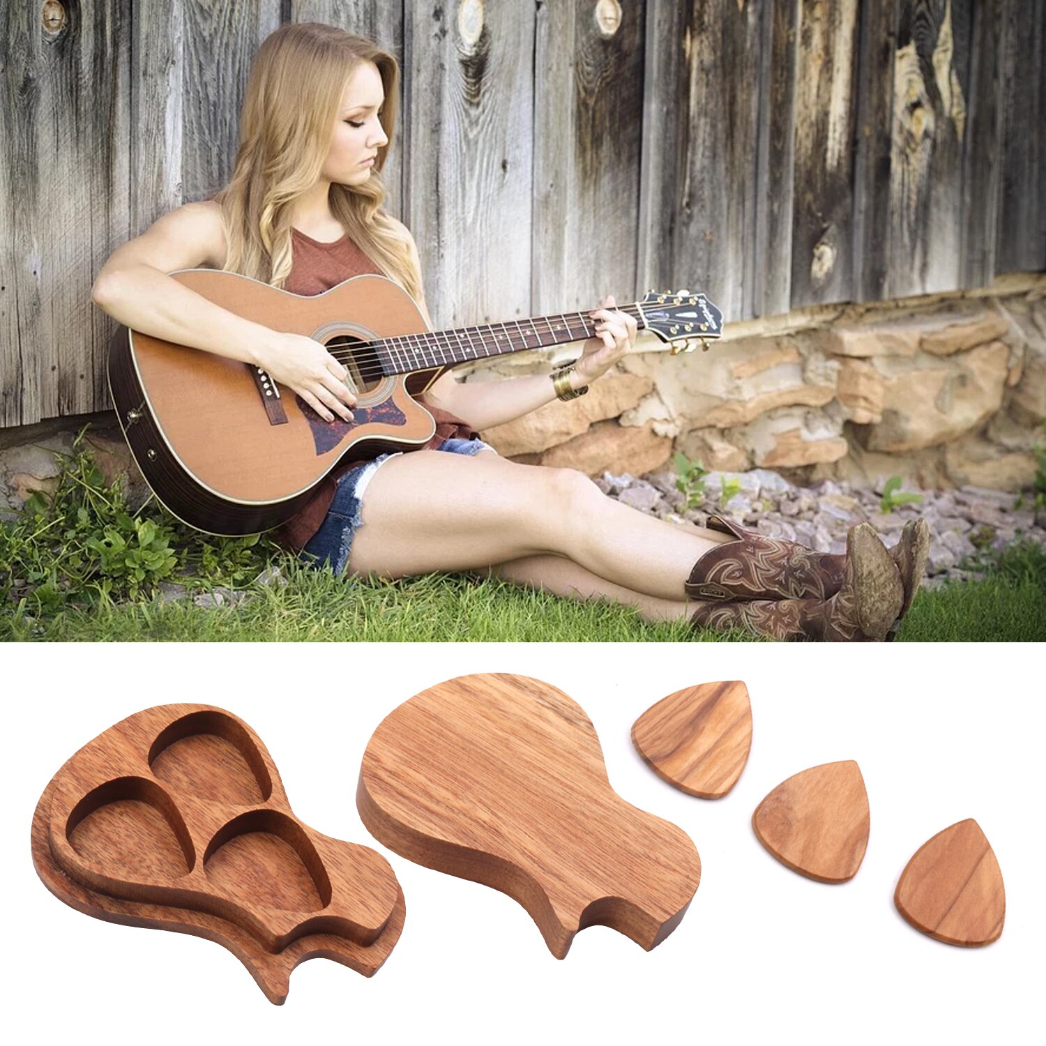 Wooden Guitar Pick Set Plectrum Storage Holder Case Box with 3pcs Guitar Picks