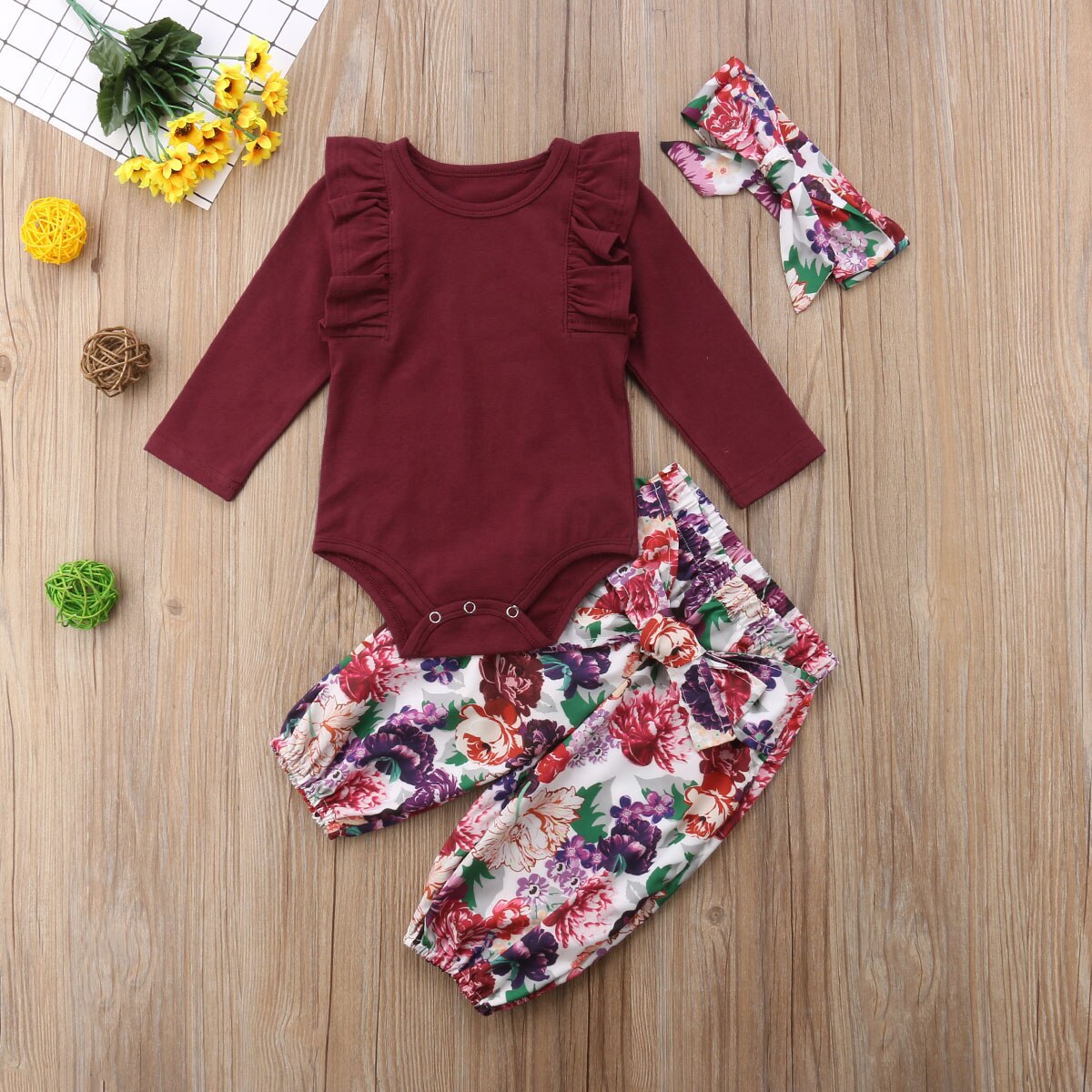 Juflam Pasgeboren baby meisje outfit papa kleine prinses romper bloemen broek hoed bloem hoofdband 4-delige set (6-12 maanden), Meerkleurig, 6-12 Maanden