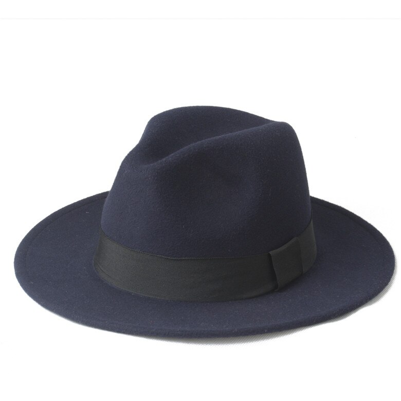 2 grote Maat 100% Wol Mannen Vilt Trilby Fedora Hoed Voor Gentleman Brede Rand Top Cloche Panama Sombrero Cap Maat 56-58, maat 59-61 CM: Dark Blue / 59-61CM