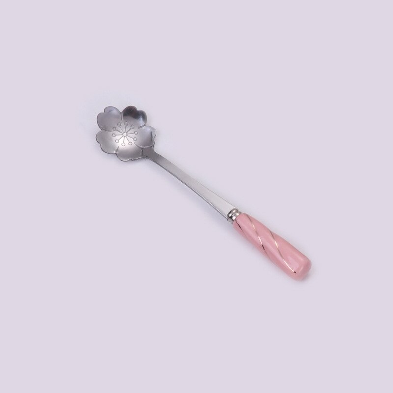 Cuchara de postre de cereza dorada japonesa creativa, mango de cerámica bonito, cuchara agitadora de café de acero inoxidable, , 1 ud.: Silver Pink