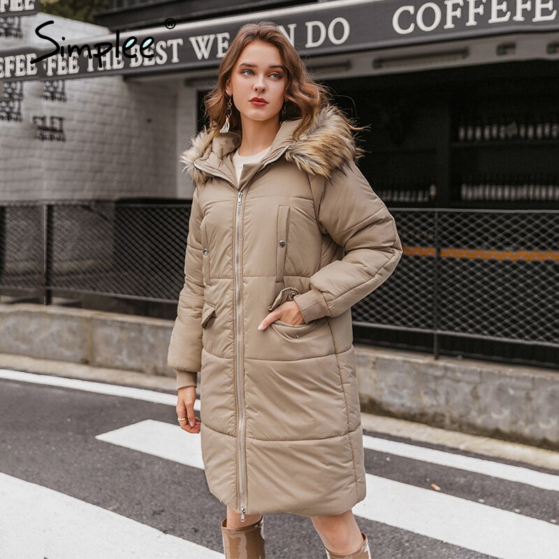 Simplee varm brun høst vinter kvinner parkas high street kontor dame langermet jakke parkas med lue