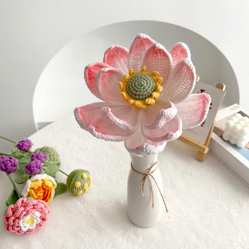 Fleur de lotus tournesol au Crochet faite à la main, 1 pièce, pour la décoration de la maison, fleurs tricotées, ornement de cérémonie de remise de diplôme, fleurs artificielles