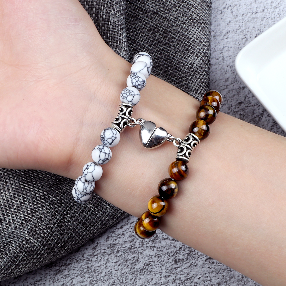 2 unids/set pulsera de cuentas de piedra Natural para pareja corazón imán hebilla pulsera distancia amistad amantes joyería de