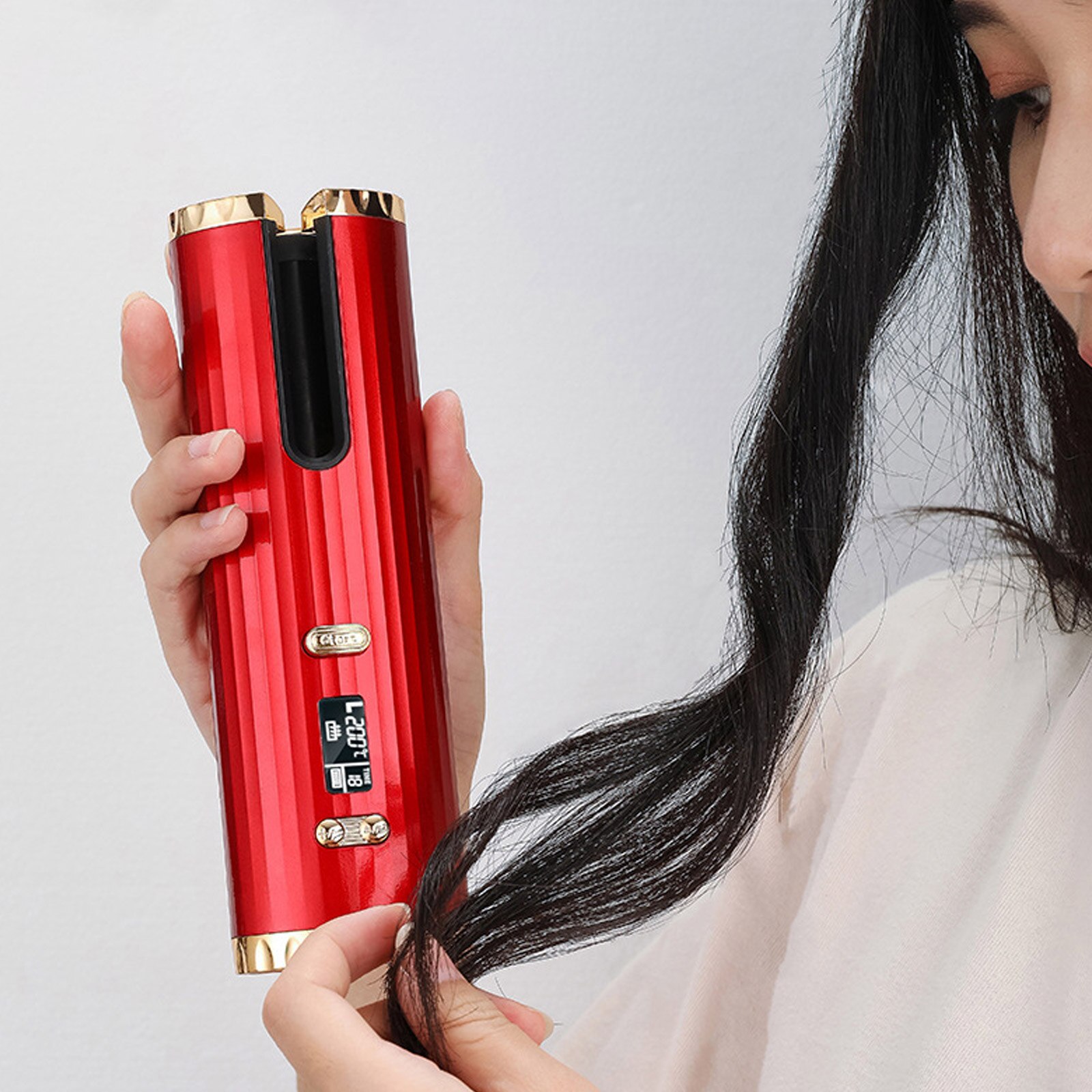 Cordless Automatic Hair Curler Portable Rechargeable Hair Curling Wand Roller Iron with 3 Temperature Settings Timer LCD Display