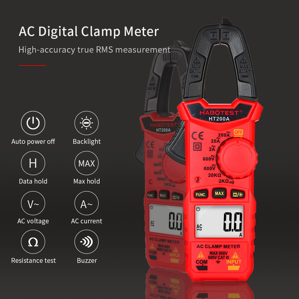 HABOTEST HT200A Mini AC Digital Clamp Meter True RMS Auto Ranging Digital Multimeter AC/DC Voltage Resistance Continuity Tests