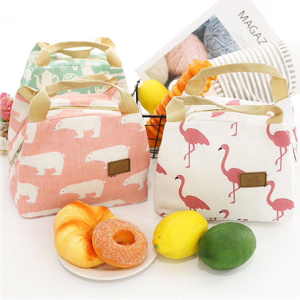 Animal Flamingo Bear Lunch Bags Women Portable Functional Canvas Insulated Thermal Food Picnic Kids Cooler Lunch Box Bag Tote