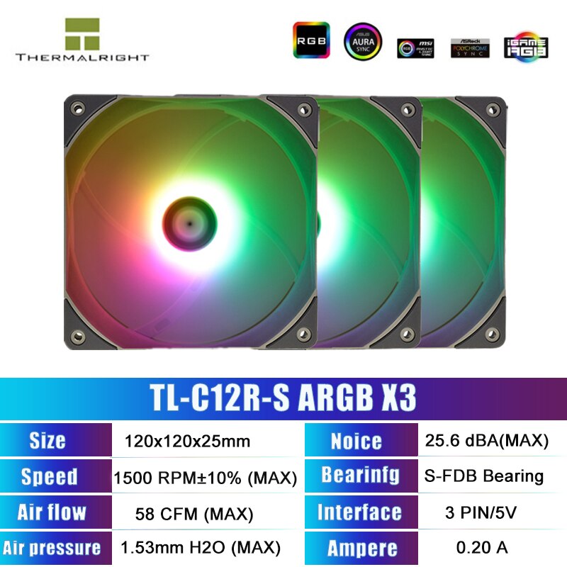 Thermalright 120mm Quiet PWM Fan CPU Cooler Radiator Cooling Fan Reverse Blowing 5V ARGB SYNC PC MOD Computer Case TL-C12RW-S: TL-C12R-S ARGBX3