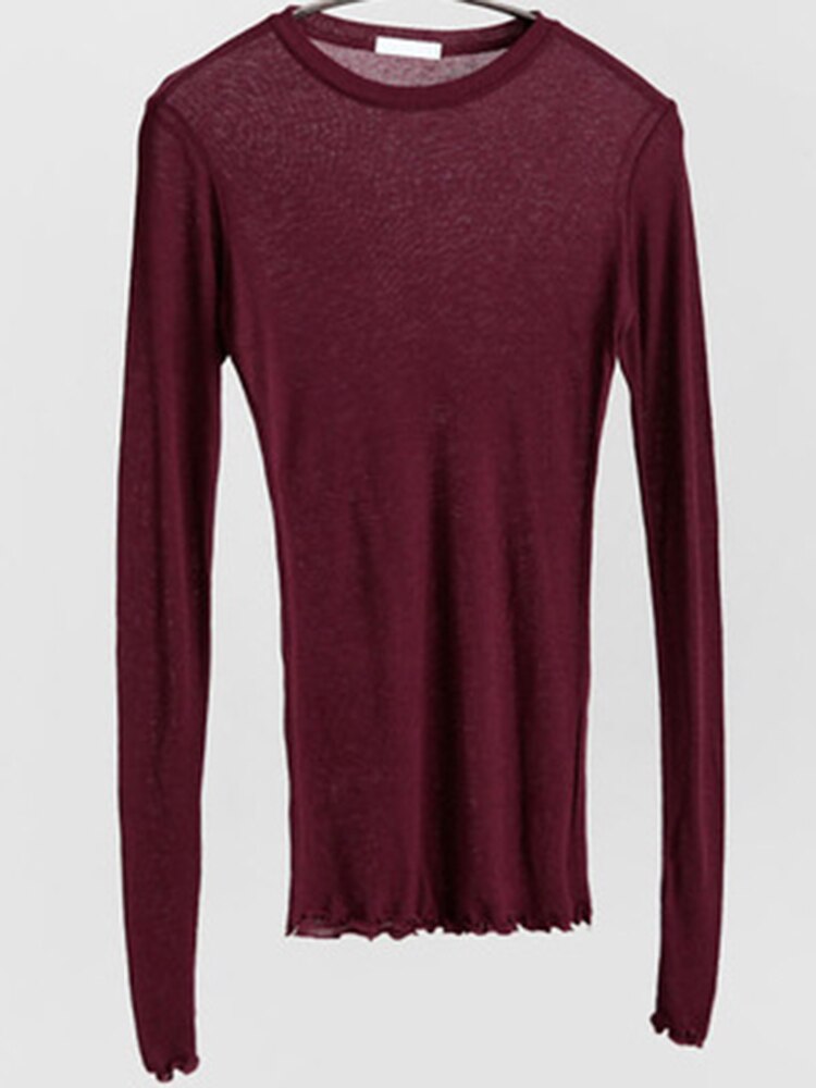 Plain T Shirt Women Elastic Basic T-shirts Female Casual Tops Long Sleeve Sexy Thin T-shirt see through: M / Claret