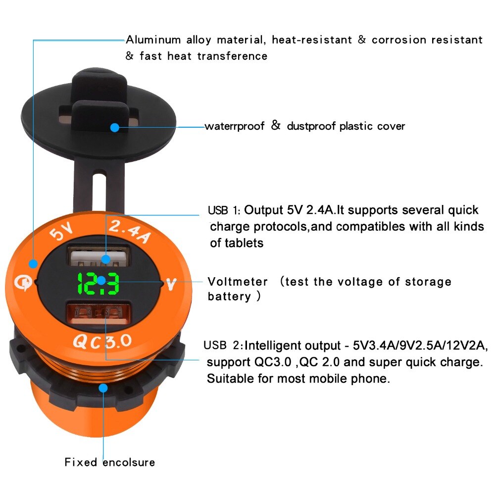 QC3.0 Dual Usb Splitter Autolader 5V 2.4 Een Uitgang Met Led Light Power Adapter Voor Auto Motorfiets boot Atv 12 V-24 V