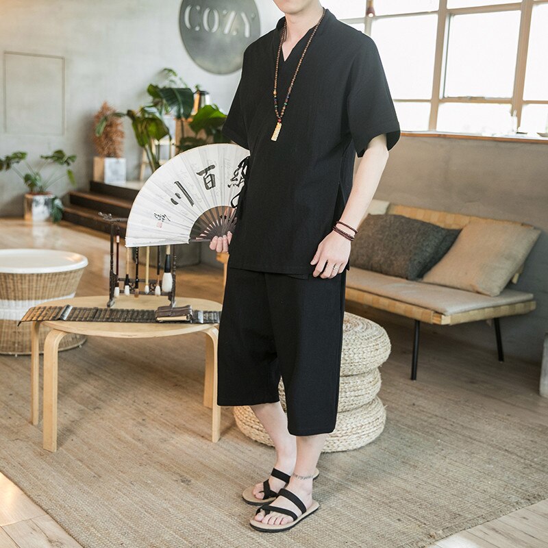 Chinesischen Stil herren Anzug Dünne Atmungsaktive Baumwolle Leinen Zwei Stück Set Hanfu Tang Casual Kimono Kurzarm T-shirt + hosen: Black / Asia M 50-55