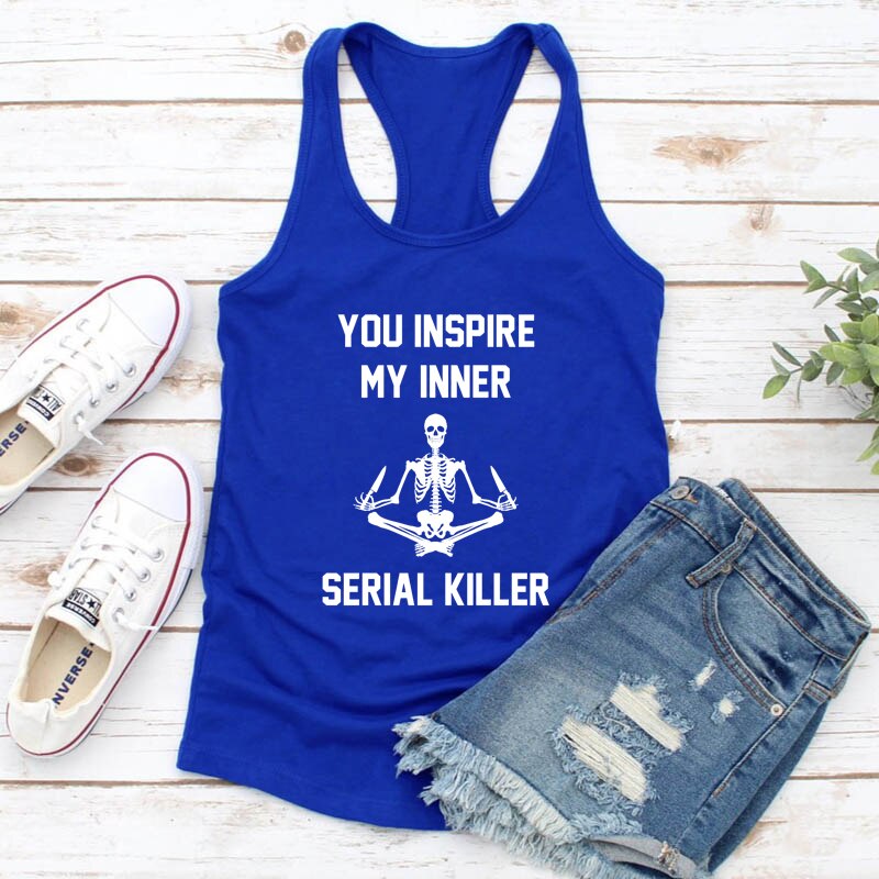 Haut de Yoga sans manches pour femme, haut humoristique, en forme de squelette, avec motif de méditation, mon inspiration intérieure, tueur en série: S / blue-white text