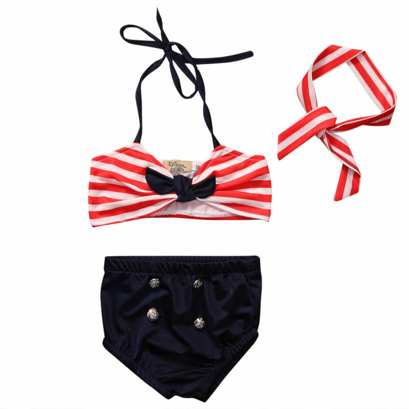 Zomer Kids Baby Girl Gestreepte Bikini 2 Stuks Set + Hoofdband Badmode Badpak Beachwear Tweedelig Pak